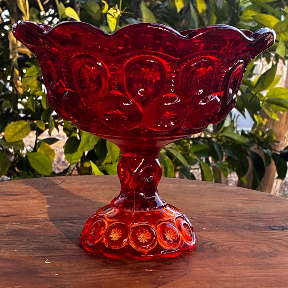 Vintage Victorian Orange Red Amberina Glass Compote Bowl Rare Find